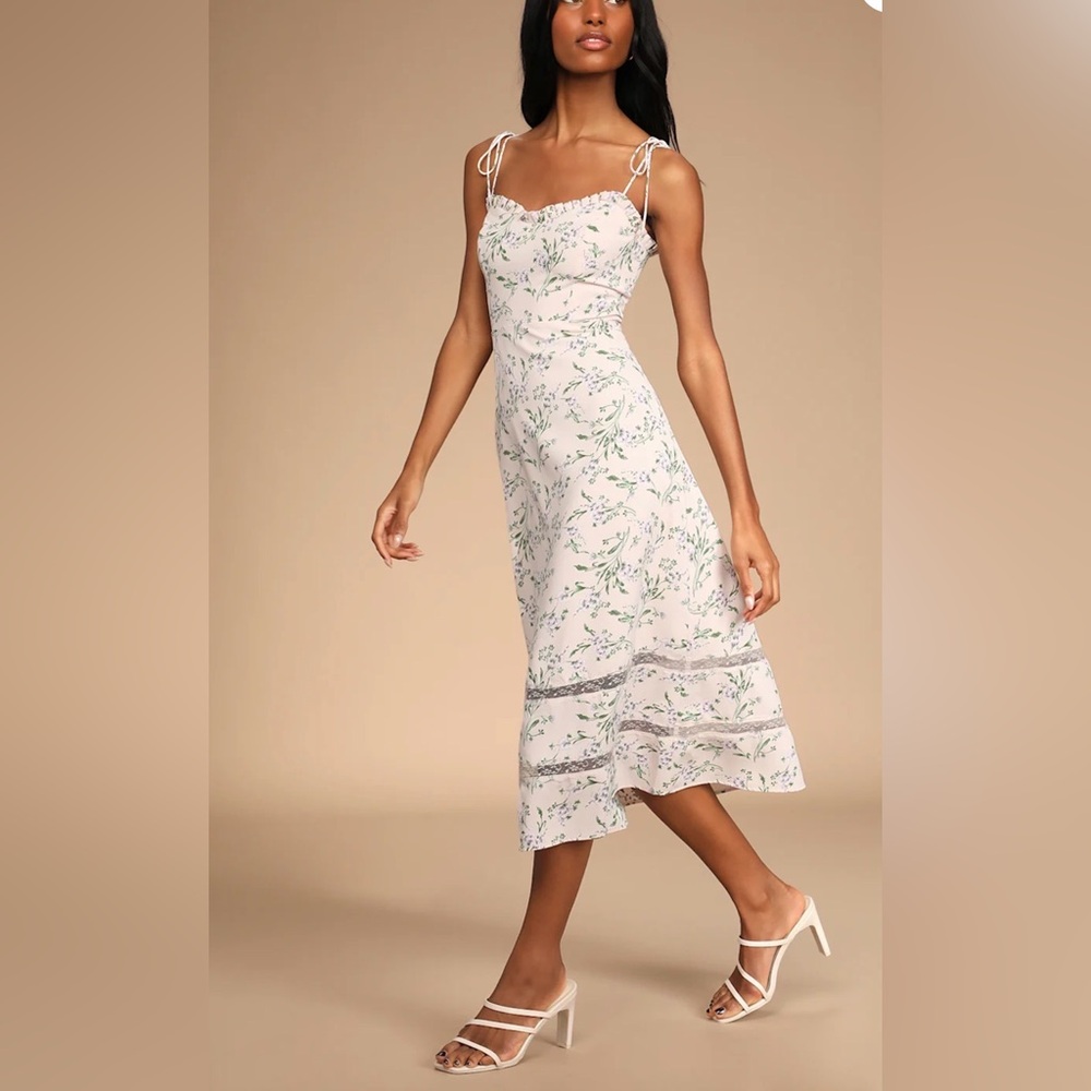 Lulus The Blooms Pink Floral Tie—Strap Midi Dress size XL - Picture 2 of 9